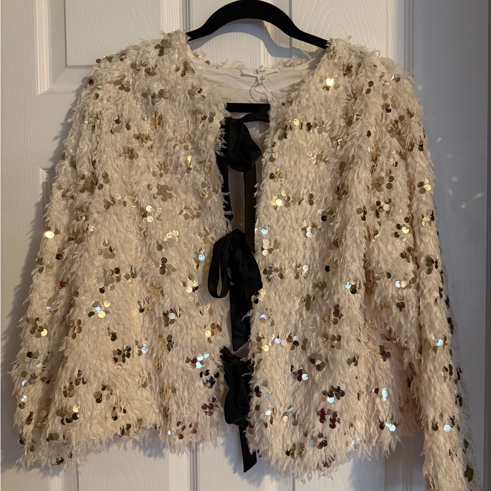 Cream Sequin Fringe Open Cardigan with Black Ribbon Ties